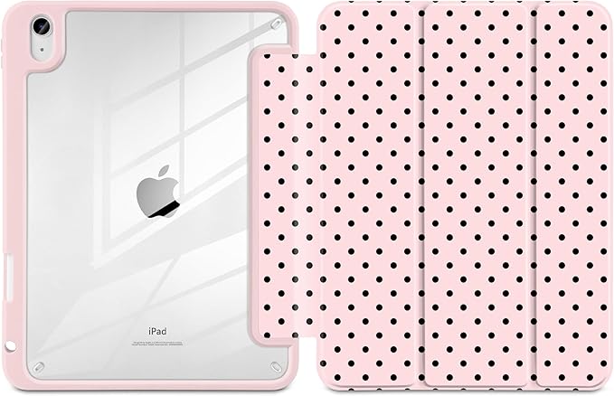 Case for iPad A16 11th Generation 11 inch 2025 iPad 10th Generation 10.9 inch 2022 -[Built-in Pencil Holder] Shockproof Clear Hard Back Trifold Stand Auto Wake/Sleep Pink Polka dot