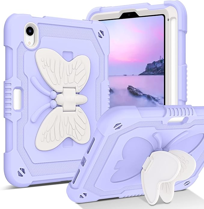 DUEDUE Case for iPad mini 7 (A17 Pro) 2024iPad mini 6 Case 2021 Butterfly Wings Kickstand with Pencil Holder Shockproof Protective Tablet Case for iPad mini 7th/6th Gen Kids Beige/Purple