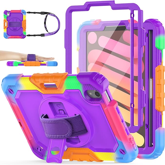 SEYMAC stock Case for iPad Mini 7 (A17 Pro)2024/ Mini 6 8.3'' with Screen Protector Pencil Holder [360 Rotating Hand Strap] &ampStand Drop-Proof Case for iPad Mini 7th/6th Generation 8.3Purple+Colo