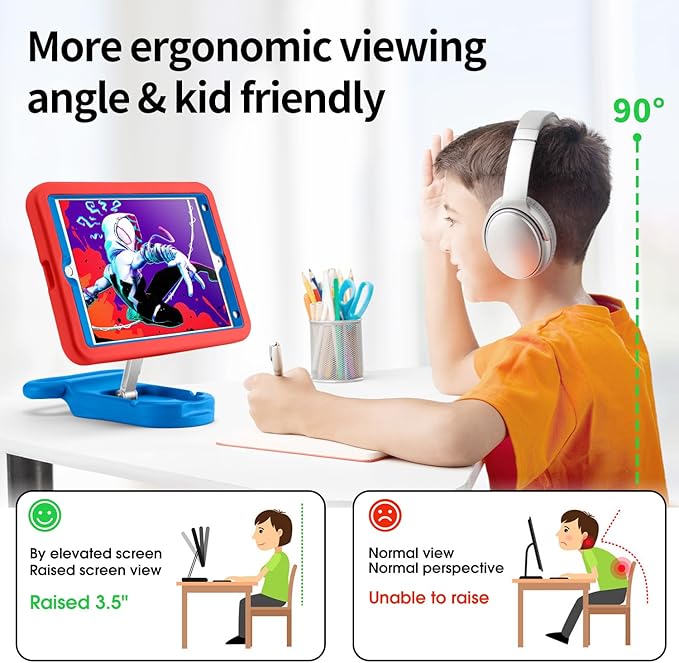 Kids Case for iPad 7th/8th/9th GeniPad 10.2 inch 2021/2020/2019 Case with Adjustable Portrait Landscape Stand HandleHeavy Duty Protective Kids Child Friendly Cover for iPad 10.2 inch. (Red-Blue)