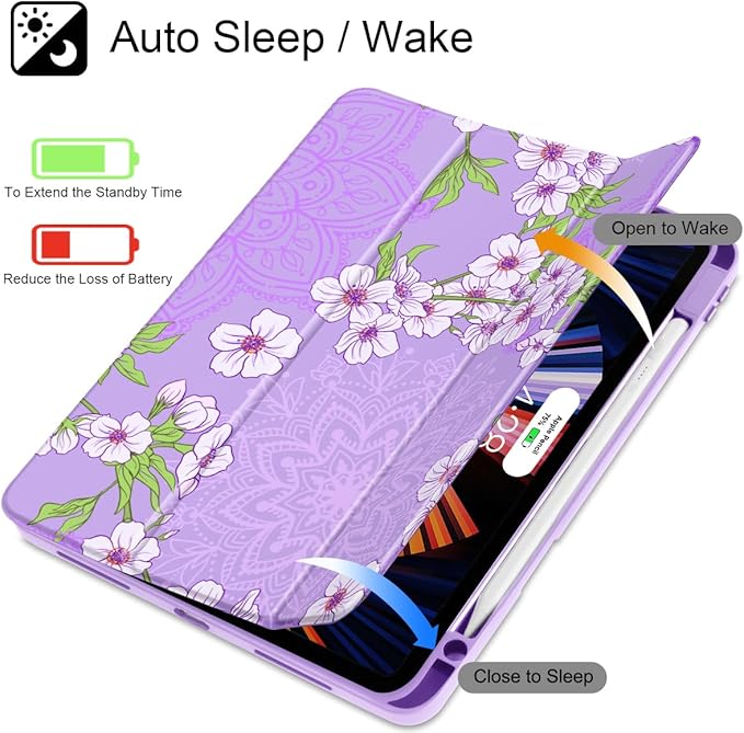 Mektron Case for M5/ M4 iPad Pro 11 inch 2025/2024 with Pencil Holder Compatible Models: A3357/A3358/A3359/A2836/A2837/A3006 Shockproof Cover Clear Shell Blossom Sakura-Purple