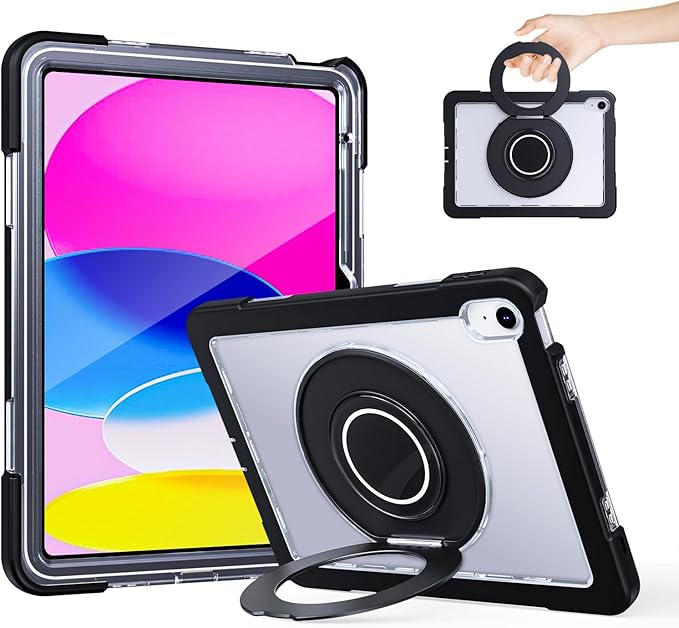 Case for iPad (A16) 11th /10th Generation 11 Inch 2025/10.9 inch 2022with Screen Protector360 Rotating Metal StandClear BackHeavy Duty Shockproof for Kids Case Black