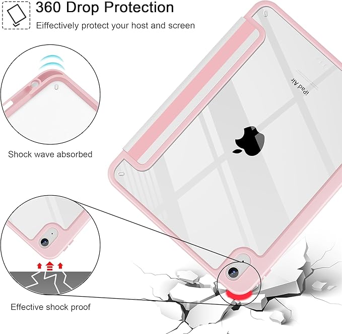 May Chen for iPad Air 11-inch M4/M3/M2 (2026/2025/2024) iPad Air 5th/4th 10.9 Inch - Shockproof Cover with Clear Back Shell &amp Penceil Holder Auto Wake/Sleep Stand Cover Pink Stripes