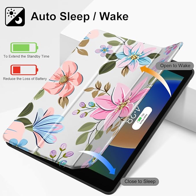Tuiklol Case for iPad 10.2 Inch 2021 2020 2018 Release 9th / 8th / 7th Generation Built-in Pencil Holder TPU Protective Stand Back Cover Trifold Stand-Auto Wake/Sleep Tones Flowers