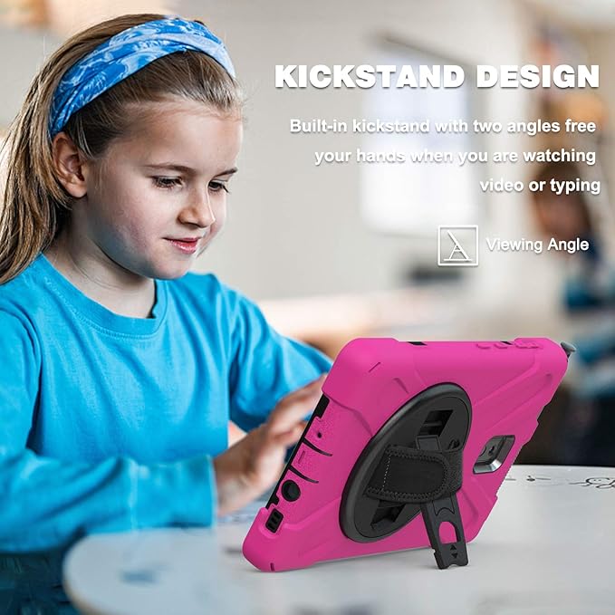Case for Samsung Galaxy Tab Active 3 8 T570 T575 T577 Heavy Duty Shockproof Rugged 3 Layer Kids Durable Case with 360 Swivel Kickstand Shoulder Strap &amp Hand Strap (Rose Red)