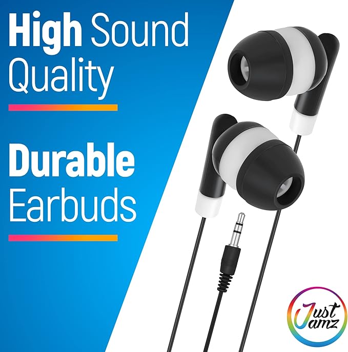 JustJamz Bulk Earbuds 100 Pack | Basic Ear Bud Black Dot in-Ear Earphones Disposable Headphones Class Headphones Set for Students Earphones for Class Kids Classroom Library Wired Earbuds