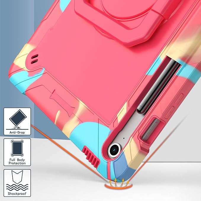 DETUOSI Case for Samsung Galaxy Tab S10 FE Plus 13.1 inch 2025 with Pencil Holder Heavy Duty Shockproof Case with Rotatable Stand &amp Shoulder Strap Camouflage Rose Red
