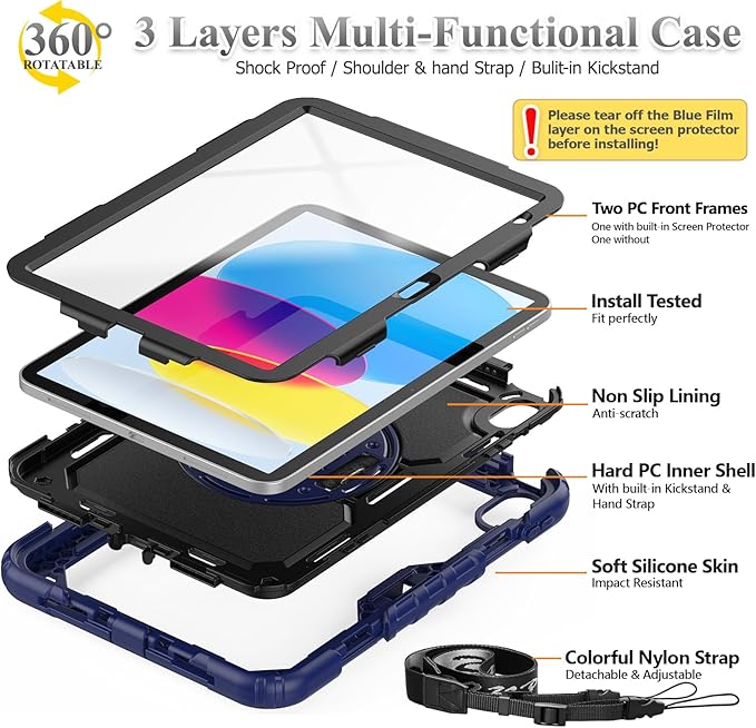 SEYMAC stock Case for iPad (A16) 11th/10th Generation 11''/10.9'' 2025/2022 Full-Body Drop Protection Case with Screen Protector &amp360° Rotate Hand Strap/Stand Navy Blue