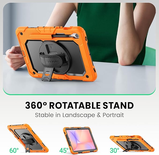 SEYMAC Case for Samsung Galaxy Tab S10 Lite/ S10 FE/ S9 FE/ S9 5G (10.9''/11'') Heavy Duty Shockproof Protective Case with Screen Protector Rotating Stand Hand Strap and Pen Holder Orange