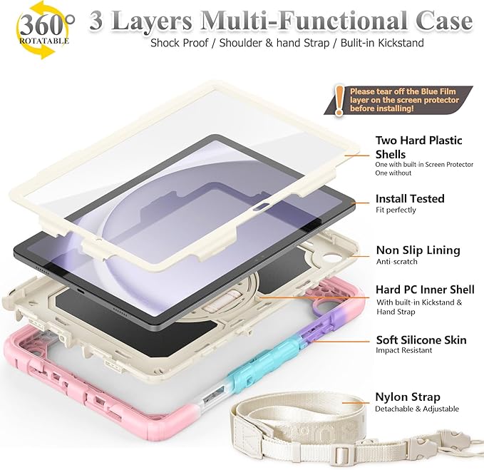 SEYMAC stock Case for Samsung Galaxy Tab A11+ Plus/A9+ Plus 11'' Full-Body Drop Protection Case with Screen Protector Pencil Holder [360° Rotating Hand Strap] &ampStand Yellowish+Pink