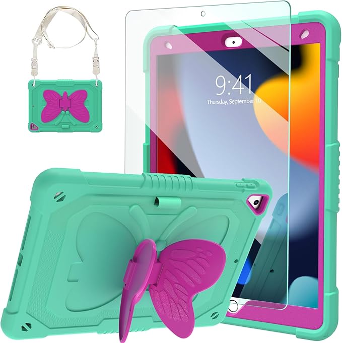 Ambison Case for iPad 9th/8th/7th Generation 10.2 inch with Glass Screen Protector Rugged Shockproof Protective Cover for Kids Girls Butterfly Stand Shoulder Strap for iPad 2021/2020/2019-Mint Green