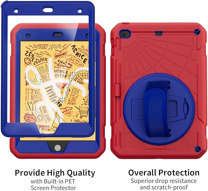 Case for iPad mini 5/4 with Screen Protector Pencil Holder [360 Rotating Hand Strap] &amp Stand Drop-Proof Case for iPad mini 5th/4th Generation 7.9 inch(Red)