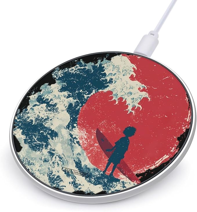 Surfing Surfer Sun Japanese Wave Fast Portable Charger 10W Funny Graphic Phone Charging Pad with USB Cable