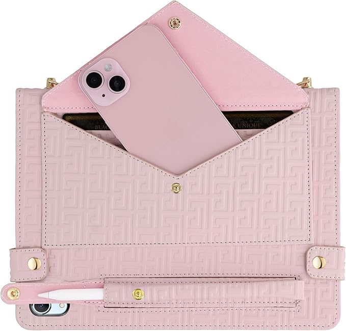 Handbag Case for iPad Mini 7 2024/Mini 6th Generation Case Techcircle Elegant Crossbody PU Leather Folio Envelope Pocket Stand Cover with Hand Strap+Shoulder Strap+Pencil Holder+Card Slots Baby Pink