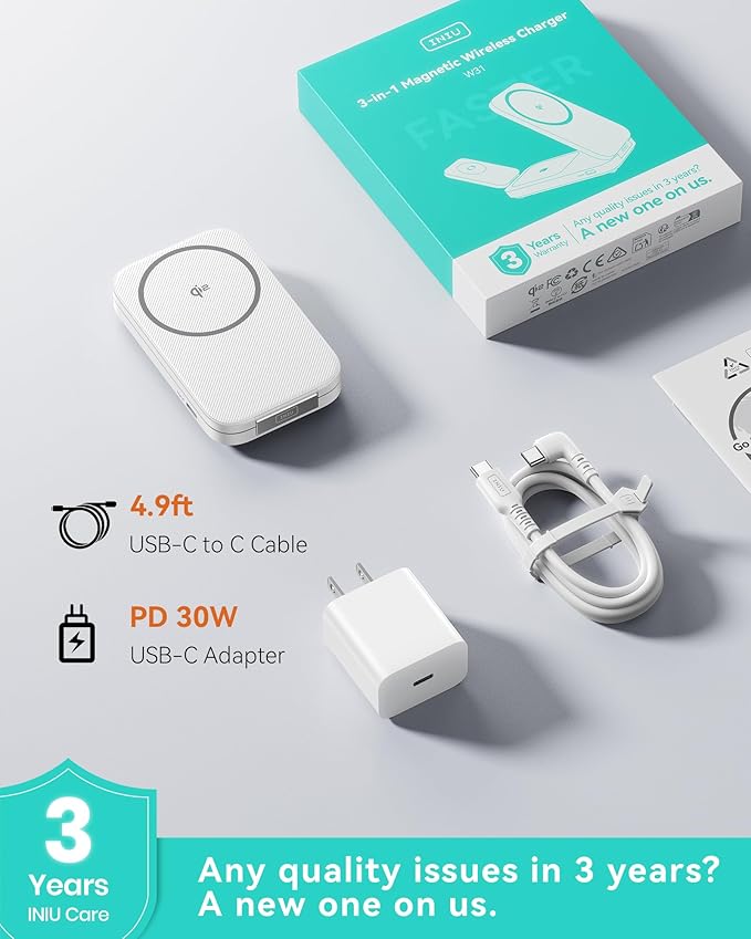 INIU Foldable Magnetic Wireless Charger Qi2 Certified 3-in-1 Travel Charging Station with 15W Fast Charge - Compatible with Mag-Safe for iPhone 17/16/15 Series Apple Watch AirPods (White)
