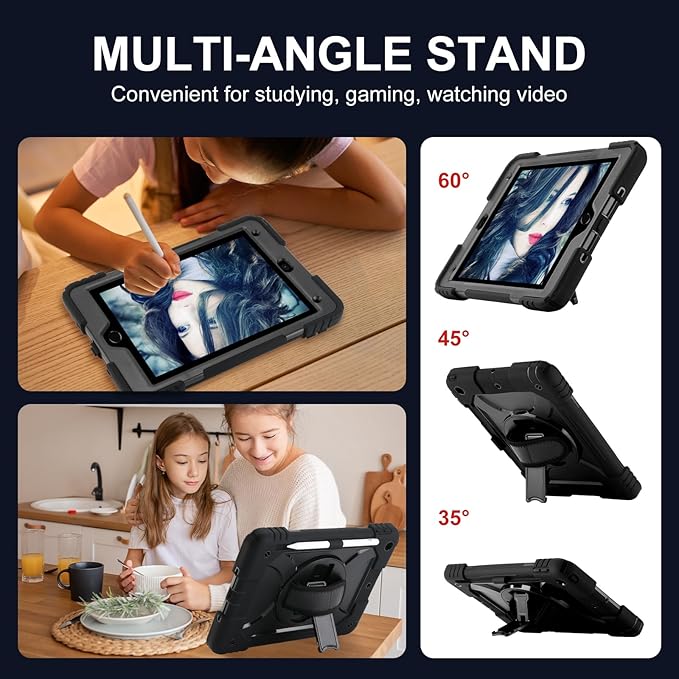for iPad 9th/8th/7th Generation CaseiPad 10.2 Case 2021/2020/2019 with Cute Key Chain Rugged Protective Case with 360°Rotating Stand &amp Shoulder Hand Strap &amp Pen Slot for 10.2 Inch (Black)