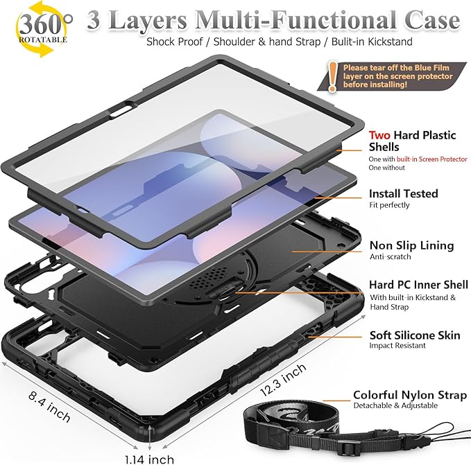 SEYMAC stock Case for Samsung Galaxy Tab S10 Plus/ S9 FE Plus/ S9 Plus 5G Tablet 12.4'' Case with Screen Protector Pencil Holder [360 Rotating Hand Strap] &ampStand Drop-Proof Black1