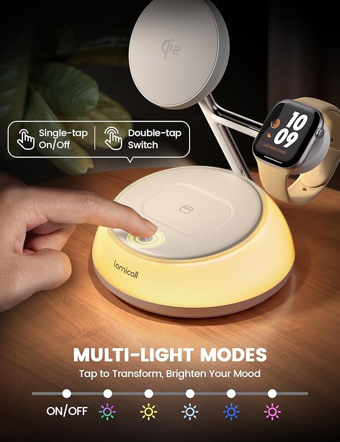 Lamicall 4-in-1 Qi2 Certified Wireless Charging Station for Magsafe [LED Night Light] 15W Fast Magnetic Charger Stand Gifts Compatible for iPhone 17 16 15 14 13 Series Watch Air pods 30W Adapter