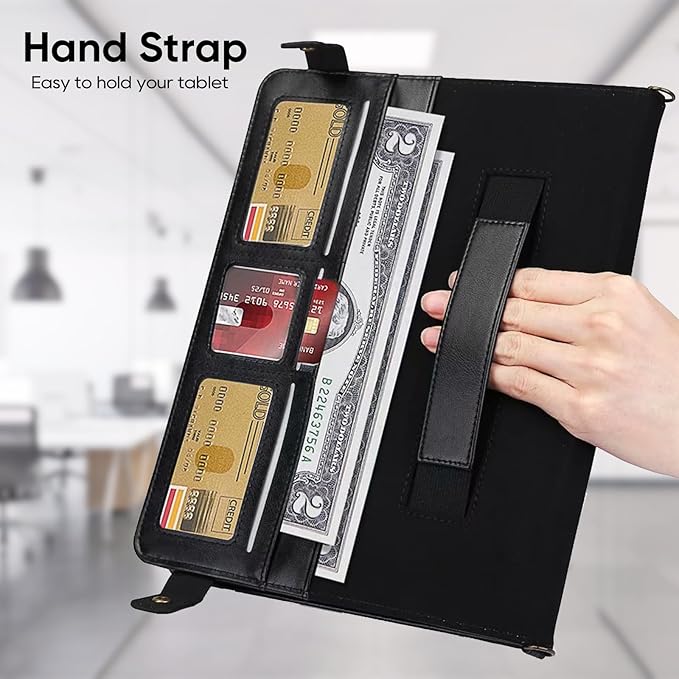 Tablet Carrying Shoulder Bag Case for Samsung Galaxy Tab S9 FE/S9/S8/S7 11 Retro PU Leather Hand Strap Crossbody Shoulder Strap Cards Holder Pocket S Pen Holder Stand Protective CaseBlack