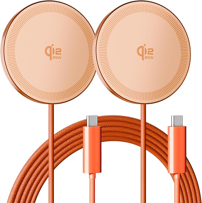 25W Magnetic Wireless Charging Pad: Qi2.2 Qi2 MagSafe Fast Charger for iPhone Air 17e 17 16 15 14 Pro Max Samsung Galaxy S26 S25 Google Pixel 10 &amp AirPods Gift Ideal for Desk Travel (Orange 2P