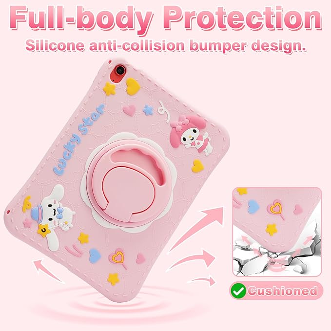 Kids iPad Case for A16 11th Generation 11 Inch 2025 &amp 10th Generation 10.9 Inch 2022 Pink Cute 3D Cartoon Design with 360 Rotatable Kickstand Adjustable Strap Shockproof Protective Cover for Gi