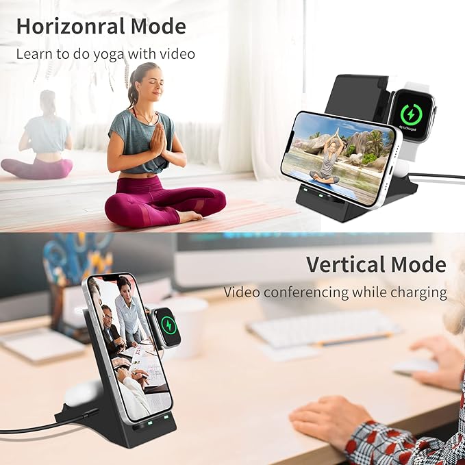 Wireless Charger 3 in 1 Wireless Fast Charging Stand Dock for Apple Watch 6/5/4/3/2 Airpods 2/Pro iPhone 13/13 Pro/13 Pro Max /12/11/Pro/Pro Max/X/Xr and Other Qi-Certified Phones-Black