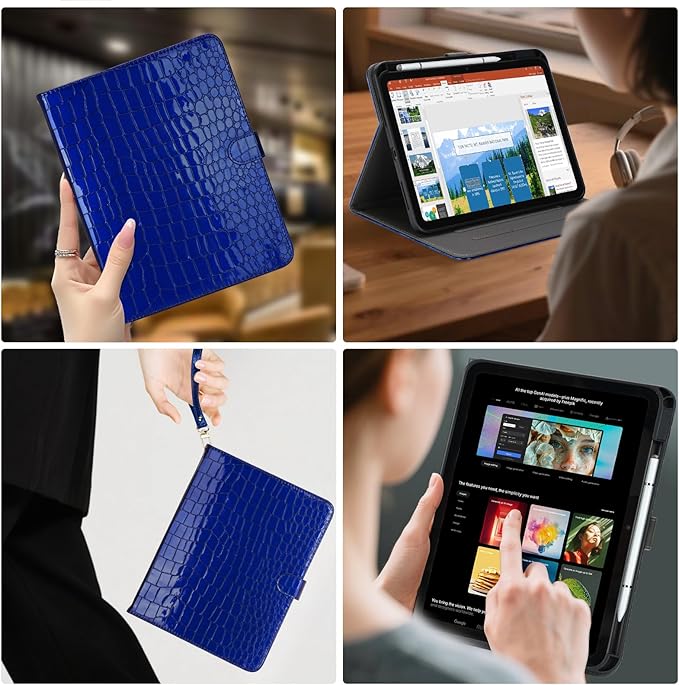 Elegant Case for Samsung Galaxy Tab A9 Plus 11 Inch 2023（Model: SM-X210/X216/X218） Premium Leather Crocodile Cover | Stand | Card Pockets| Wrist Strap| S Pen Holder (Sapphire Blue)