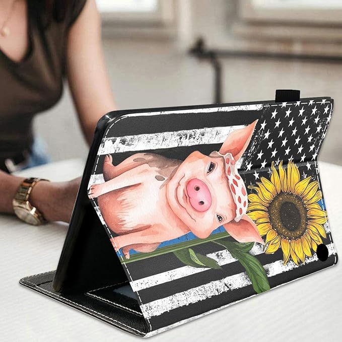 Case for All-New Amazon Fire HD 10 &amp 10 Plus Tablet 10.1 (13th/11th Generation 2023/2021 Release)Slim Stand Folio Cover with Card Slot &amp Auto Wake/Sleep American Flag Pig &amp Sunflower