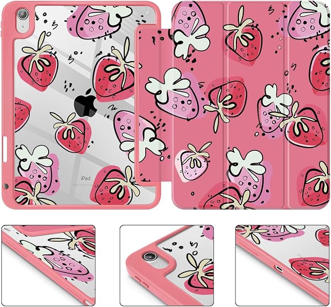 Tuiklol for 2025 iPad (A16 Chip) 11th Generation 11 inch/iPad 10th Generation 10.9 inch 2022 Case Buit in Pencil Holder with Clear Back Shell Cover Trifold Stand Auto Wake/SleepStrawberries