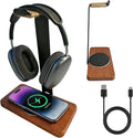 Handmade Solid Wood 2-in-1 Headset Stand with Wireless Charger 15W Max FastWireless Charging Dock Compatible with iPhone 17/16/15/14 /Samsung SeriesUniversal Holder for All Desk Headphones