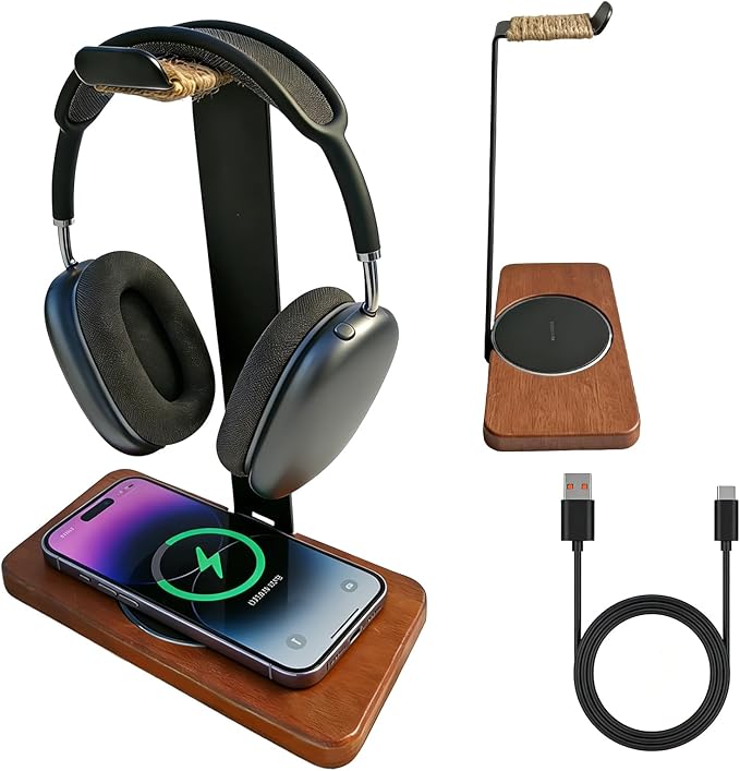 Handmade Solid Wood 2-in-1 Headset Stand with Wireless Charger 15W Max FastWireless Charging Dock Compatible with iPhone 17/16/15/14 /Samsung SeriesUniversal Holder for All Desk Headphones