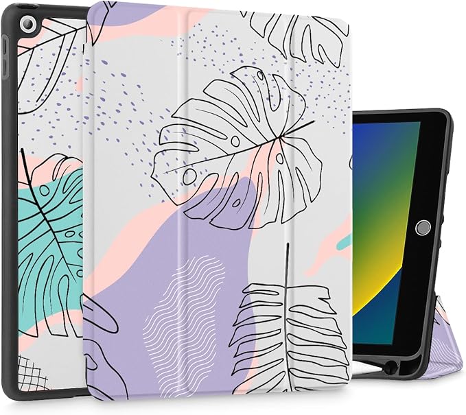 Mektron Designed Printed iPad 10.2 Case 9th Gen (2021)/ 8th Gen (2020)/ 7th Gen (2019) with Pencil Holder Slim Stand Protective Case with Soft TPU Back for iPad 10.2 Inch Tropical Leaves