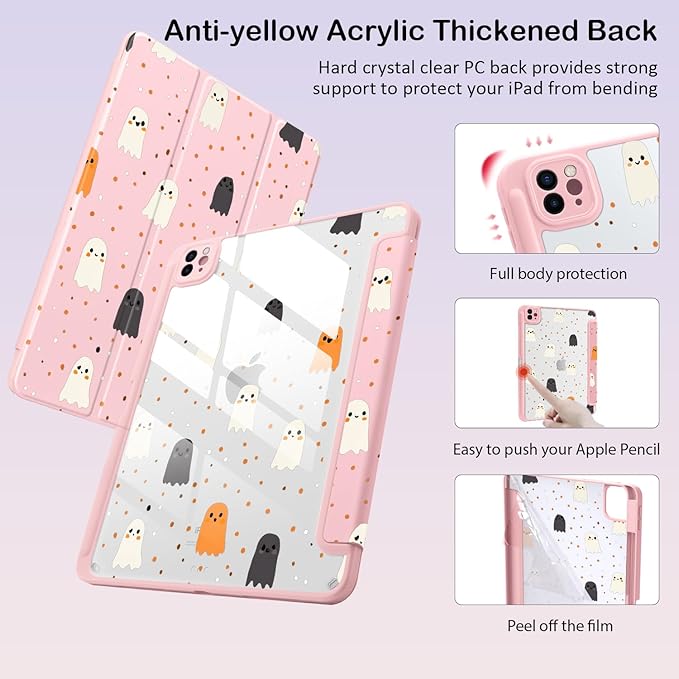 Cute Kawaii Halloween Ghost for iPad Air 11 Inch Case 7th/6th Generation (M3/M2) 2025/2024 with Pencil Holder Auto Sleep/Wake Pink Leather Clear Acrylic Back Cover