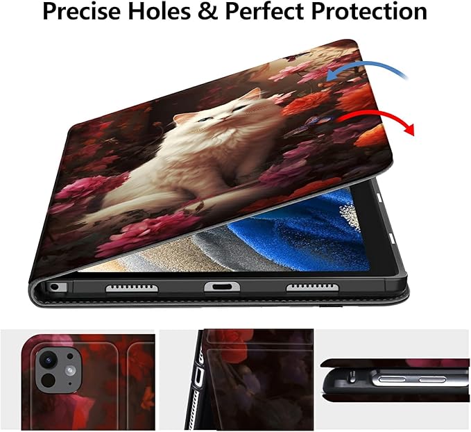 Case for iPad Air 11 (M3 2025 / M2 2024)/ iPad Air 6th/5th/4th Gen Case (2025/2024/2022/2020) 10.9 Inch PU Leather Smart Protective Cover with Auto Sleep/WakeWhite Cat Flower