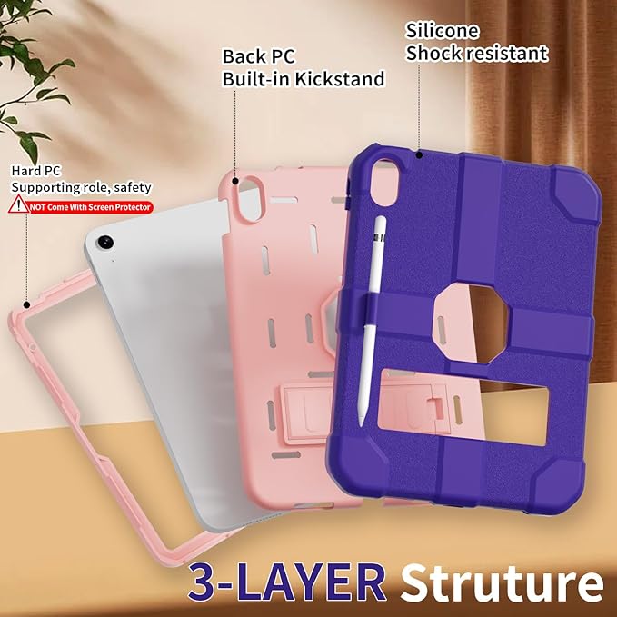 Case for iPad (A16) 11th Generation 11 Inch 2025 / iPad 10th Generation 10.9 Inch 2022 Rugged Heavy Duty Protective Cover [Built-in Pencil Holder ] for iPad 11/10 Gen (Darkpurple)