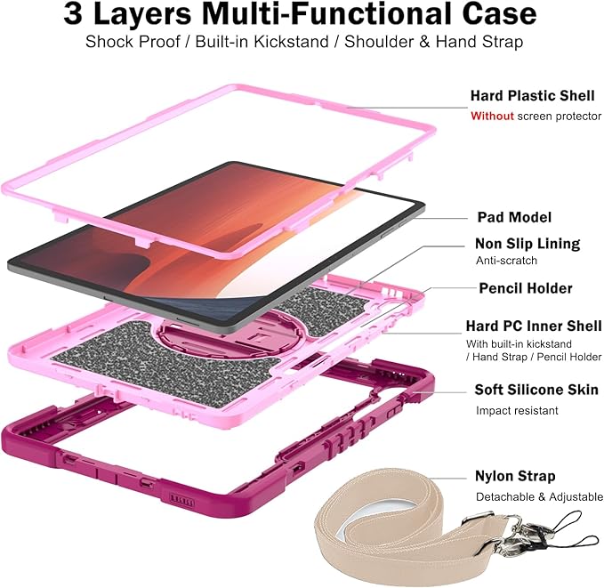 Shockproof Case for Samsung Galaxy Tab S10 FE+/FE Plus 13.1 Tablet with Shoulder Strap Techcircle Heavy Duty Rotating Kickstand Rugged Defender Case w/Adjustable Hand Strap Rose+Pink