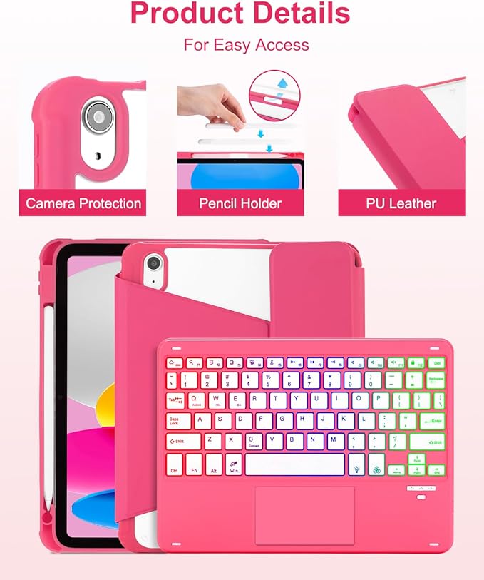 Touchpad Keyboard Case for iPad (A16) 11th 10th Generation 360 Rotation Cover with Pencil Holder Wireless Backlit Detachable Keypad for iPad 11 inch 2025/10 Gen 10.9 2022 Watermelon Red