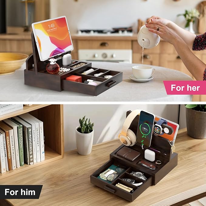 Phone Docking Station for Men: Desk or Nightstand Organizer with Drawer Birthday Gifts for Husband Dad BoyfriendHim Wooden Charging Station for Phone Watch Key Holder Wallet (Reddish Brown)