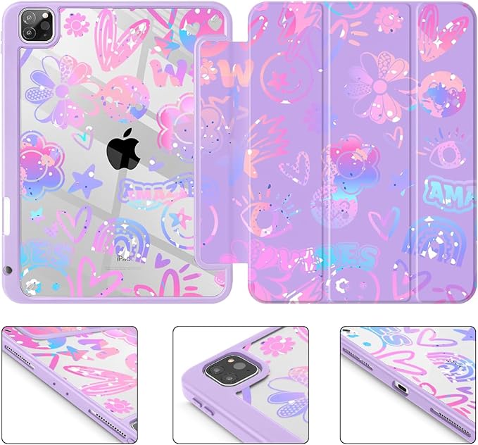 Tuiklol for iPad Pro 11 Inch Case M2 2022 Gen 4th -Built-in Pencil Holder Shockproof Cover Clear Transparent Back Shell Fit for iPad 11’’ 2021 2020 2018 Gen 3rd/2nd/1st for KidFun Emotions Purple