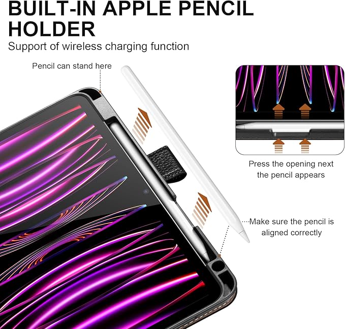 Genuine Leather Case for iPad Pro 11 Inch 4th/3rd/2nd/1st Generation 2022/2021/2020/2018 | with Pencil Holder and Adjustable Stand Magnetic Closure Auto Wake/Sleep Cover | Black