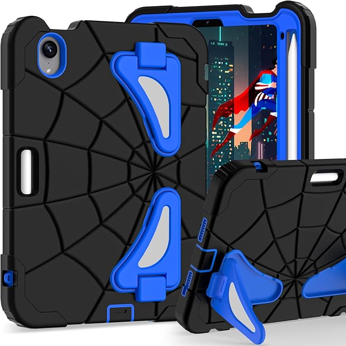 Kids Case for iPad mini 7 A17 Pro 2024/ Mini 6 8.3 inch Spider Case for iPad mini 7th 6th Generation Shockproof Durable Full Protective Cover with Pencil Holder Kickstand (Black+Blue)