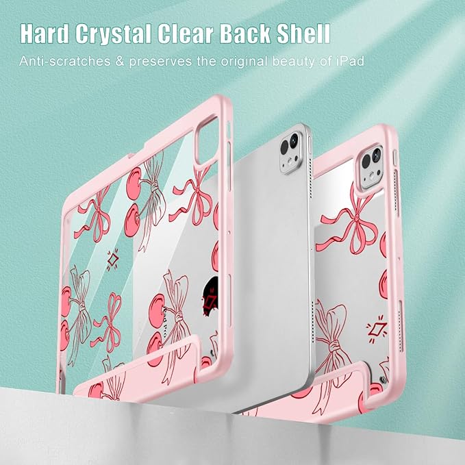 May Chen Case for iPad Pro 11-Inch M5/M4 2025/2024 (6th/5th Generation) [Penceil Holder] Trifold Stand Auto Wake/Sleep Clear TPU Protection Back Cover Coquette Cherry Bow