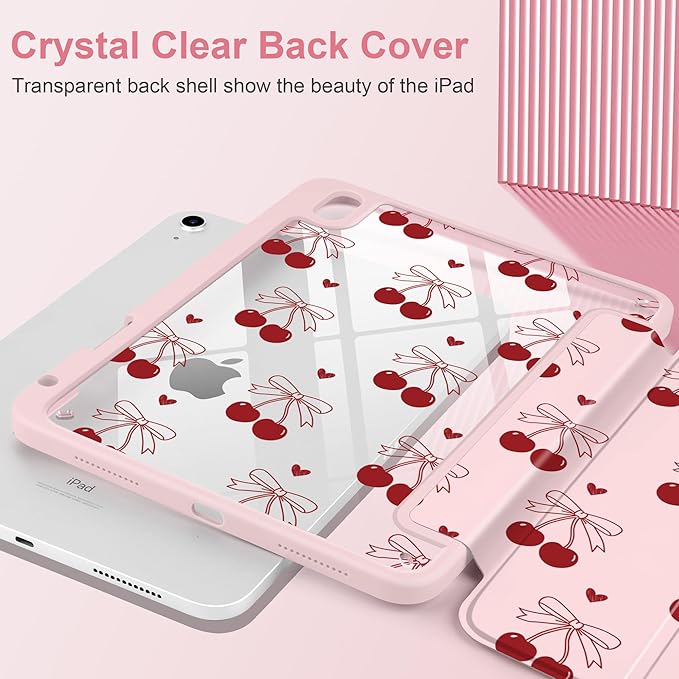 DONGKE Case for iPad (A16) 11th Generation 11 inch 2025 &amp iPad 10th Gen 10.9 inch 2022 [Built-in Pencil Holder] Clear Acrylic Back Trifold Stand Smart Cover Auto Sleep/Wake Cherry &amp Heart