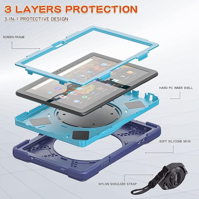 360 ° Rotation Portable Case for Fire HD 10 &amp 10 Plus Tablet（11th Generation 2021 Release Rugged Case Rotating Stand Hand Strap Shoulder Carrying Strap Outdoor Cover (Navy+Blue)