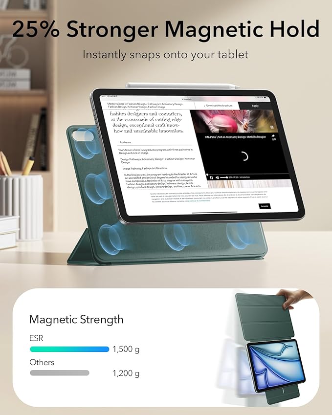 ESR for iPad Air 11 Inch Case M4/M3/M2 (2026/2025/2024) iPad Air 5th/4th Gen (2022/2020) Powerful Magnetic Attachment Slim Trifold Stand Case Auto Wake/Sleep Durable Protection Forest Green