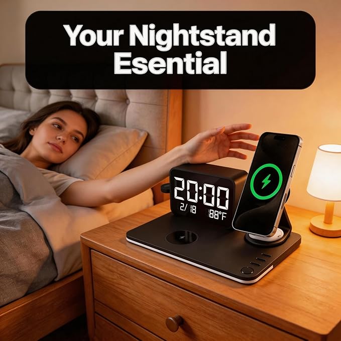 THL MagCharge 7-in-1 Magnetic Wireless Charging Station 25W Rotatable Stand Dimmable Ambient Bluetooth Clock 65W Adapter Included for iPhone 17/16/15 Apple Watch AirPods Bedside Desk Charger
