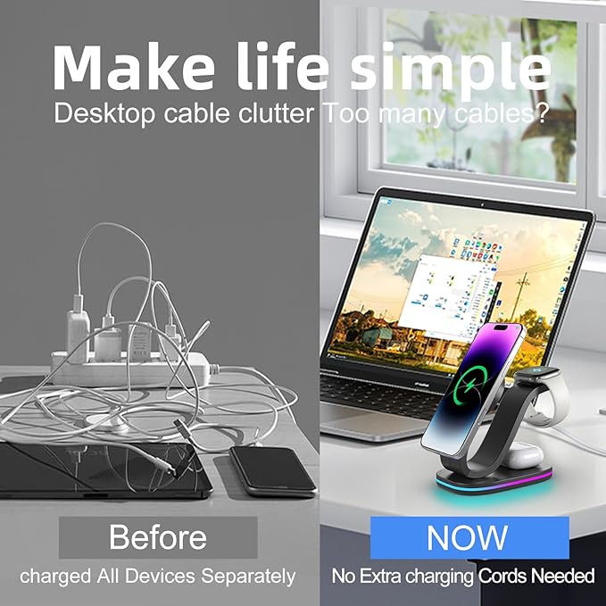 Wireless Charging Station Qi2 15W 4-in-1 Charger Station for iPhone 17/16/15/14/13/12 Series Watch Airpods 1-8/Ultra iPad AirPods (Black 4 in 1)