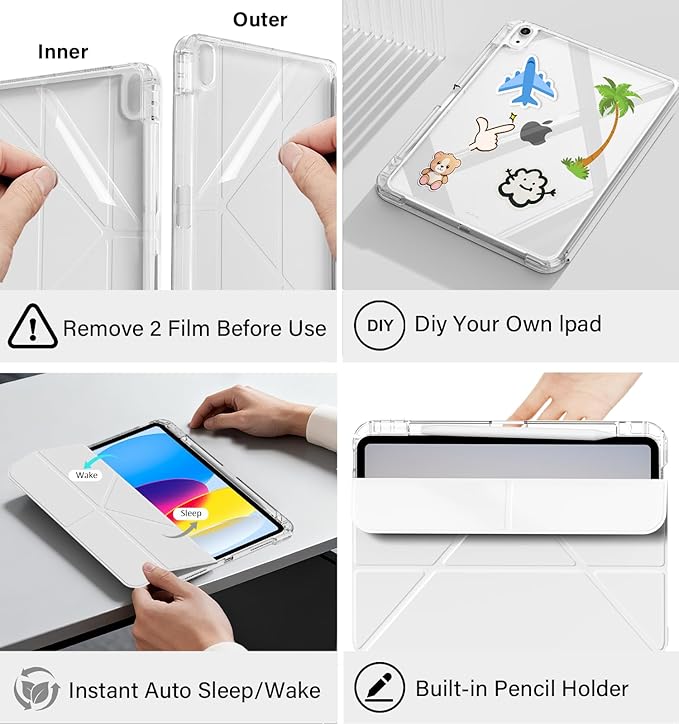JKSML Case for iPad (A16) 11th/10th Gen with 8+ Viewing Angles DIY Detachable Sliding Cover Fully Clear Hard Back Shell Solid Y-fold Stand Pencil Holder for iPad 10.9 (2022)/ 11 (2025)-Gray-1