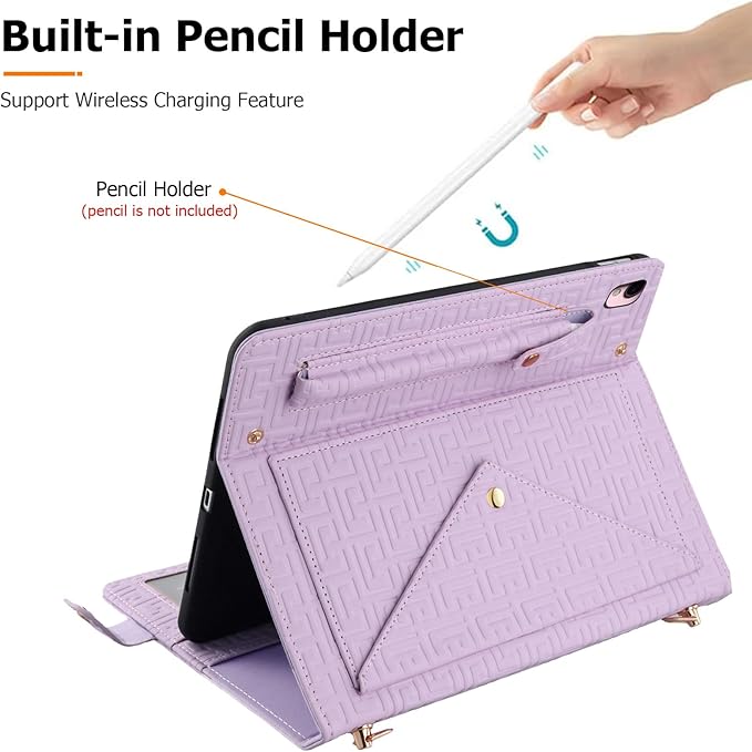Dteck Handbag Case for iPad 9th/8th/7th Generation 2021/2020/2019 10.2 Inch with Pencil Holder Folio Stand PU Leather Crossbody Shoulder Hand Strap Card Pockets Magnetic Envelope Wallet CoverPurple
