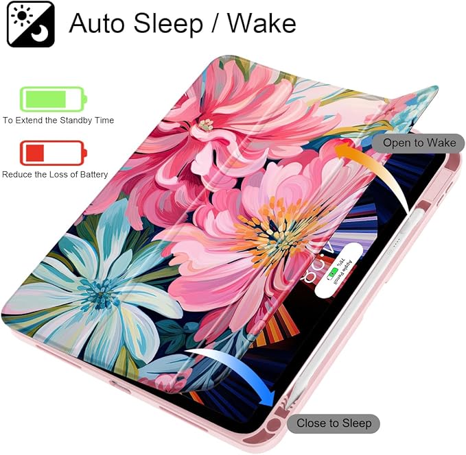 May Chen for iPad (A16) 11th Generation Case 11 Inch 2025 iPad 10th Gen Case 2022 10.9 inch Built-in Pencil Holder with Shockproof Cover Clear Back Shell Auto Wake/Sleep Flowers Painting